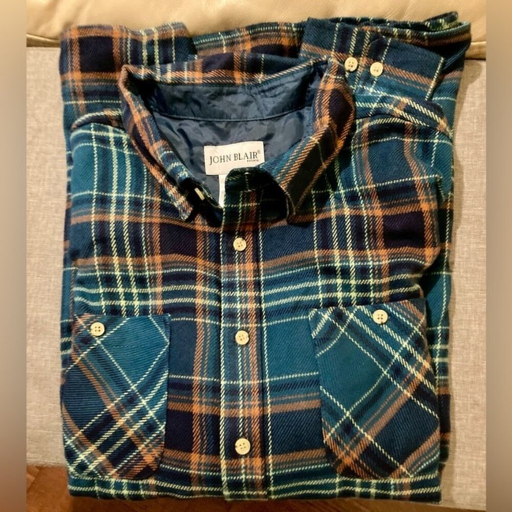 John Blair Men's Blue Plaid Casual Button Down Shirt